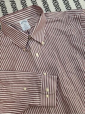 Brooks Brothers Dress Shirt Mens 17.5 2/3 Regent Red White Striped Non Iron XL